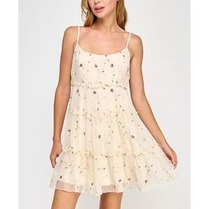 ROW-A Cream Floral Embroidered Tiered Mesh Mini Dress XXS Spaghetti Strap